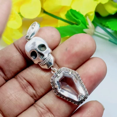 Skull Coffin Pendant, White Topaz Gemstone 925 Sterling Silver Handmade Pendant. - Image 1 of 4