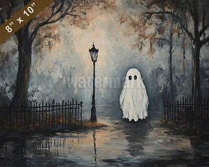 Halloween ghost in a haunted park oil painting 8x10 Print - Picture 1 of 1