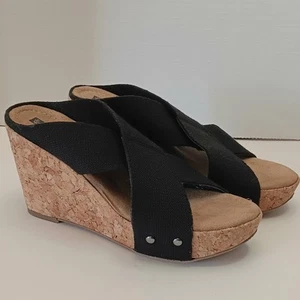 White Mountain Cork Wedge Platform Black Elastic Sandals Size 8 Stretchy Boho - Picture 1 of 11