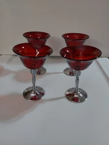 Cranberry rote farbige Cordial Gläser mit silberfarbenen Metallstielen (4er Set) - Bild 1 von 10