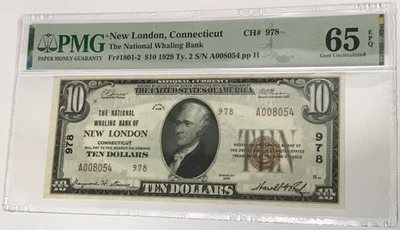 1929 Type 2 $10 National Currency New London Connecticut PMG 65 GU EPQ Fr#1801-2 - Image 1 of 2