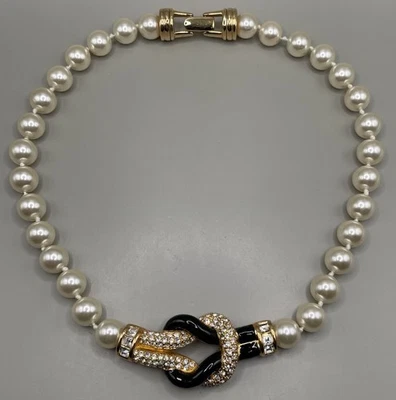 Swarovski Swan Necklace Gold Plated Crystals Black Enamel Faux Pearls 80s - Image 1 of 4