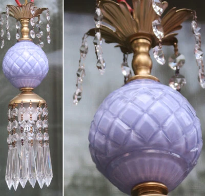 Vintage purple lavender glass Brass SWAG lamp chandelier crystal prisms - Image 1 of 4