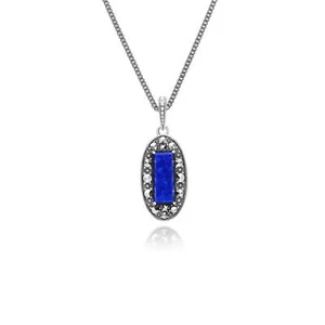 Art Déco Estilo Ovalado Lapis Lazuli Y Marcasita Colgante Collar En Plata de Ley - Imagen 1 de 1