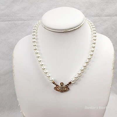 Vivienne Westwood Gold Tone Mini Bas Relief Pearl Orb Choker Necklace Gift - Image 1 of 4