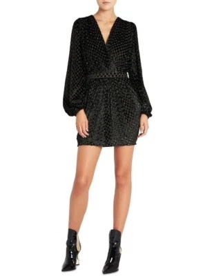 Mini Vestido Sass & Bide Drapeado Textura Brillante Negro AU6-XS Manga Globo Nuevo Año Foto 1 de 4