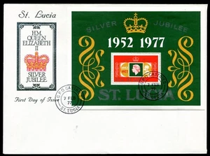 ST. LUCIA 1977, QUEEN ELIZABETH REIGN - 25TH ANNIV. Scott 418 S/S on F.D.C. - Picture 1 of 1