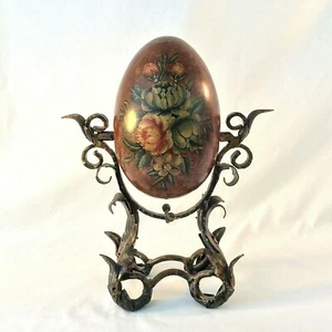 CARRIGGS PAINTED FLORAL XL EASTER EGG SCULPTURE METAL GOLD BLK STAND 13"H - Picture 1 of 12