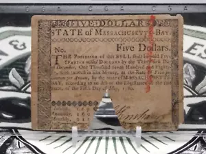 5 $ Five Dollar 5. Mai 1780, Massachusetts Colonial Currency Note #697 ECC&C, Inc - Bild 1 von 5