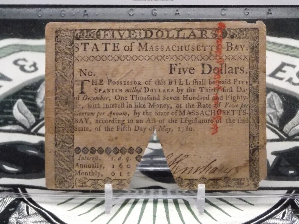 $5 Five Dollar May 5, 1780, Massachusetts Colonial Currency Note #697 ECC&C, Inc - Image 1 of 4