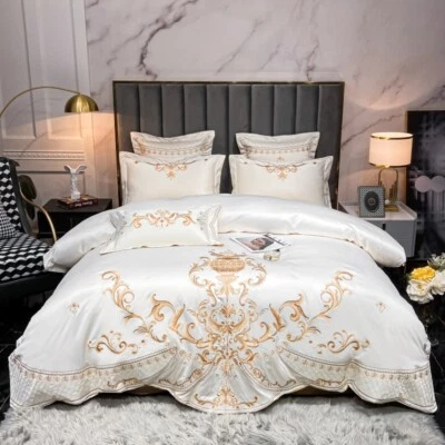 4pcs bedding set Real silk cotton embroidery quilt cover flat sheet pillow shams - Image 1 of 4