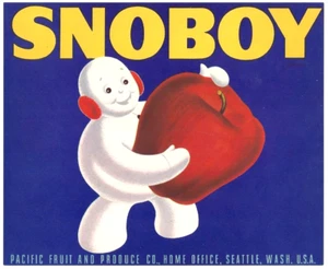 Original SNOBOY half box apple crate label Seattle Washington earmuffed snoboy - Picture 1 of 1