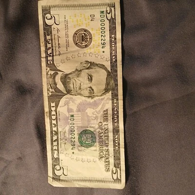 5 dollar bill 2013 star note. Semi Low Serial Number MD 00002294 * - Image 1 of 2