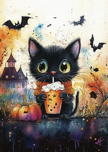 ACEO Halloween Black Cat Original Giclée Art Print by Marian Tonciu - Picture 1 of 3