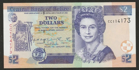 2002 BELIZE 2 DOLLAR NOTE UNC Cover