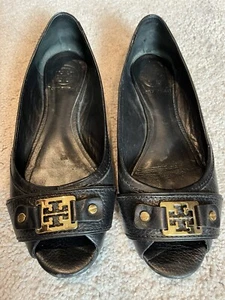 Tory Burch peep toe sandals 8.5 black leather - Picture 1 of 6