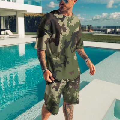 Mens Summer Short Sleeve T-Shirts and Shorts Sweatsuit Set Outfit 2-Piece Set - Image 1 of 4