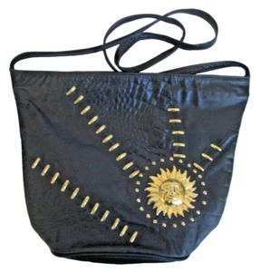 VTG Samir Blk Embossed & Smooth Leather Slouch Bag w Metal Sun Face & Studs Boho - Picture 1 of 15