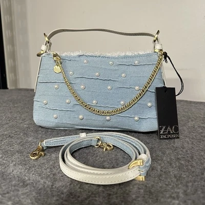 $250 ZAC POSEN Cremallera Superior Bandolera Denim Perla Bandolera Mango Superior Bolso Cartera Foto 1 de 4