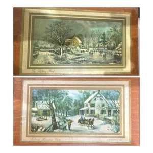 2 VTG Currier & Ives Prints On Wood The Skating Pond & American Homestead Winter - Picture 1 of 3