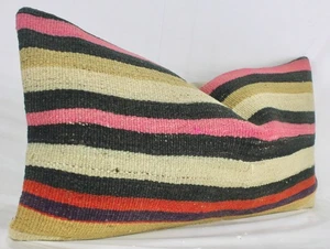Deko Türkischer Kelim Lendenkissenbezug 12x24 Rosa Schwarz Grün Beige Kissen - Bild 1 von 9
