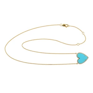 Turquoise Diamond Heart Pendant Necklace 14k Gold Dainty Jewelry Minimal - Picture 1 of 6