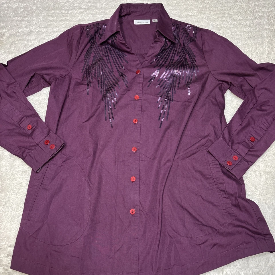 Camisa para mujer Joan Rivers púrpura oscuro con botones talla mediana Foto 1 de 4