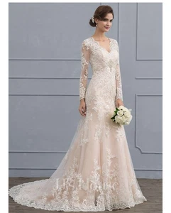 Trumpet/Mermaid V-Neck Court Train Tulle Lace Wedding Dress Blushing Pink UK 18 - Picture 1 of 10