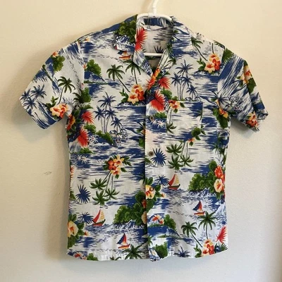 Vintage Duke Kahanamoku Hawaiian Aloha Shirt Large Floral Beach Blue White Trees - Image 1 of 4