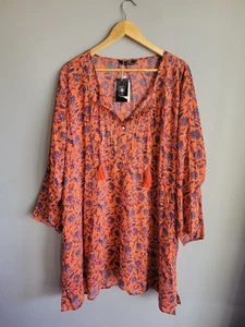 Sara Top Tunic Size 24 Long Sleeve Rust Print V Neck Stretch Relaxed Fit RRP 99 - Picture 1 of 7