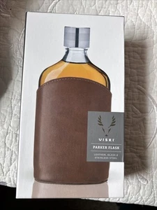 Viski Parker Leather Wrapped Glass Flask in Leather Pouch Holds 7oz New In Box - Picture 1 of 5
