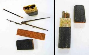 ANTIKES um 1840er ZEICHNUNGSSET in Kiesel HAIFISCHHAUT Tragetasche mit alter Holzregel - Bild 1 von 8