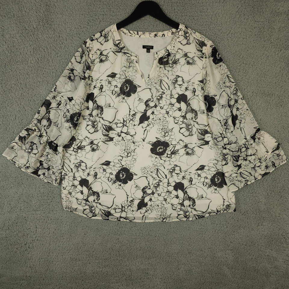 Talbots Shirt Women 2XP Black White Floral Bell Ruffle Sleeve Sheer Lined Blouse - Image 1 of 4