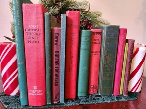 Set of 12 Red and Green Toned Vintage Books, Christmas decor, Xmas book stack - Picture 1 of 6
