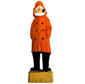 VTG Hand Carved Painted Wood Fisherman W/Pipe Rain Slicker 8" Nautical Folk Art - Picture 1 of 15