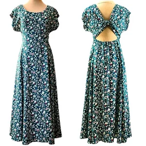 Jody California Midi Dress Size 7 Green Ditzy Floral Cutout Tie Back Cottagecore - Picture 1 of 12