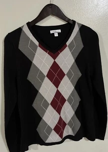 Croft & Barrow Pullover Damen M schwarz rot grau Argyle V-Ausschnitt Pulli - Bild 1 von 3