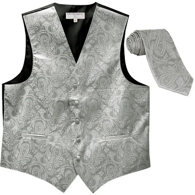 New Polyester Men's Tuxedo Vest Waistcoat & tie Paisley silver wedding formal - Image 1 of 4