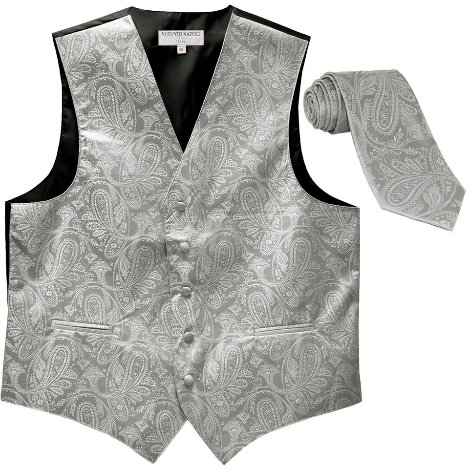 New Polyester Men's Tuxedo Vest Waistcoat & tie Paisley silver wedding formal - Image 1 of 4
