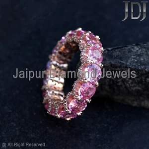Eternity Band Natural Diamond Pink Sapphire Gemstone 14k Solid Rose Gold Ring - Picture 1 of 4