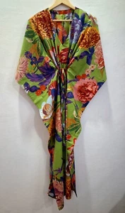 Green Blue Kaftan Maxi Dress Women Floral Print Dressing Gown Long Kaftan - Picture 1 of 6
