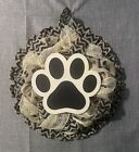 Dog Lover 12” Wreath - Wood paw Brown And Black Polka Dot Chevron Mesh & Ribbon