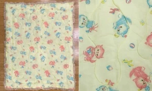 Vintage SUMEREX Crib Blanket Baby Yellow Lace Trim Kittens Quilted - Picture 1 of 6