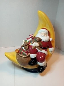 Vintage Sakura Hand Painted Cookie Jar "Merry Little Christmas" Santa on Moon - Picture 1 of 13