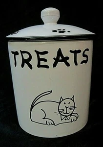 HEAVY GLAZED CERAMIC KITTY TREAT CANISTER - White w/Black Lettering and Graphics - Picture 1 of 9