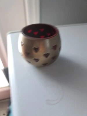 Votive Candle Holder Brass Red Glass Liner Heart Cutouts  - Image 1 of 2