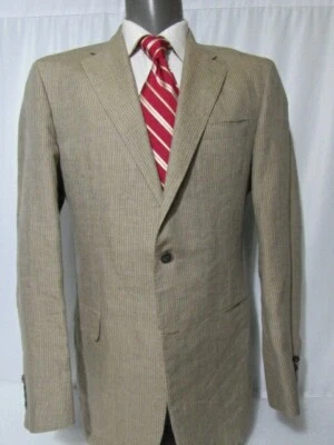  Hickey Freeman 100% Linen Sz 42 L Stripe Tan 2 Buttons Blazer Side Vents Recent - Image 1 of 4