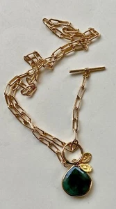 Goldtone Lariat Necklace, Green Stone, Toggle Closure, 20 Inches - Picture 1 of 6