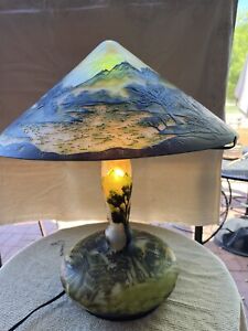 Emile Galle Reproduction Table lamp, Cameo Glass Mushroom Shaped Shade, Circular