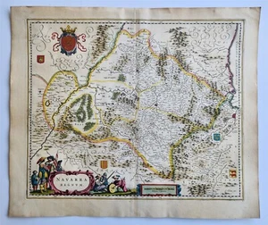 1640 NAVARRA REGNUM SPAIN MAP by WILLEM BLAEU antique AUTHENTIC hand colored - Picture 1 of 5